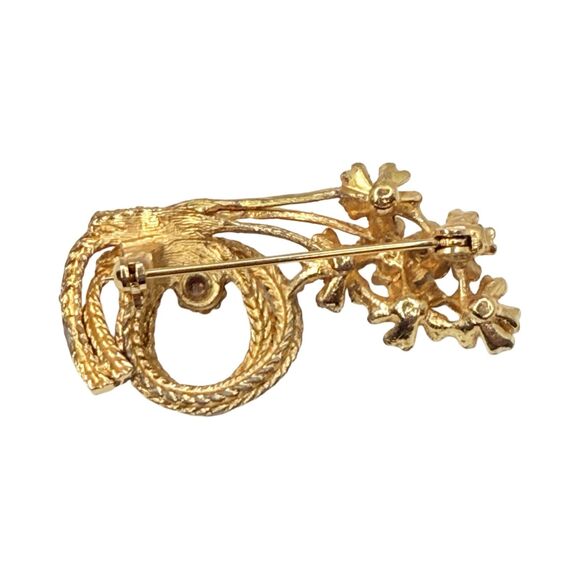 Gold Tone Rope Flower Bouquet Brooch 1 5/8" Faux Pearl Three-Dimensional - Picture 6 of 9